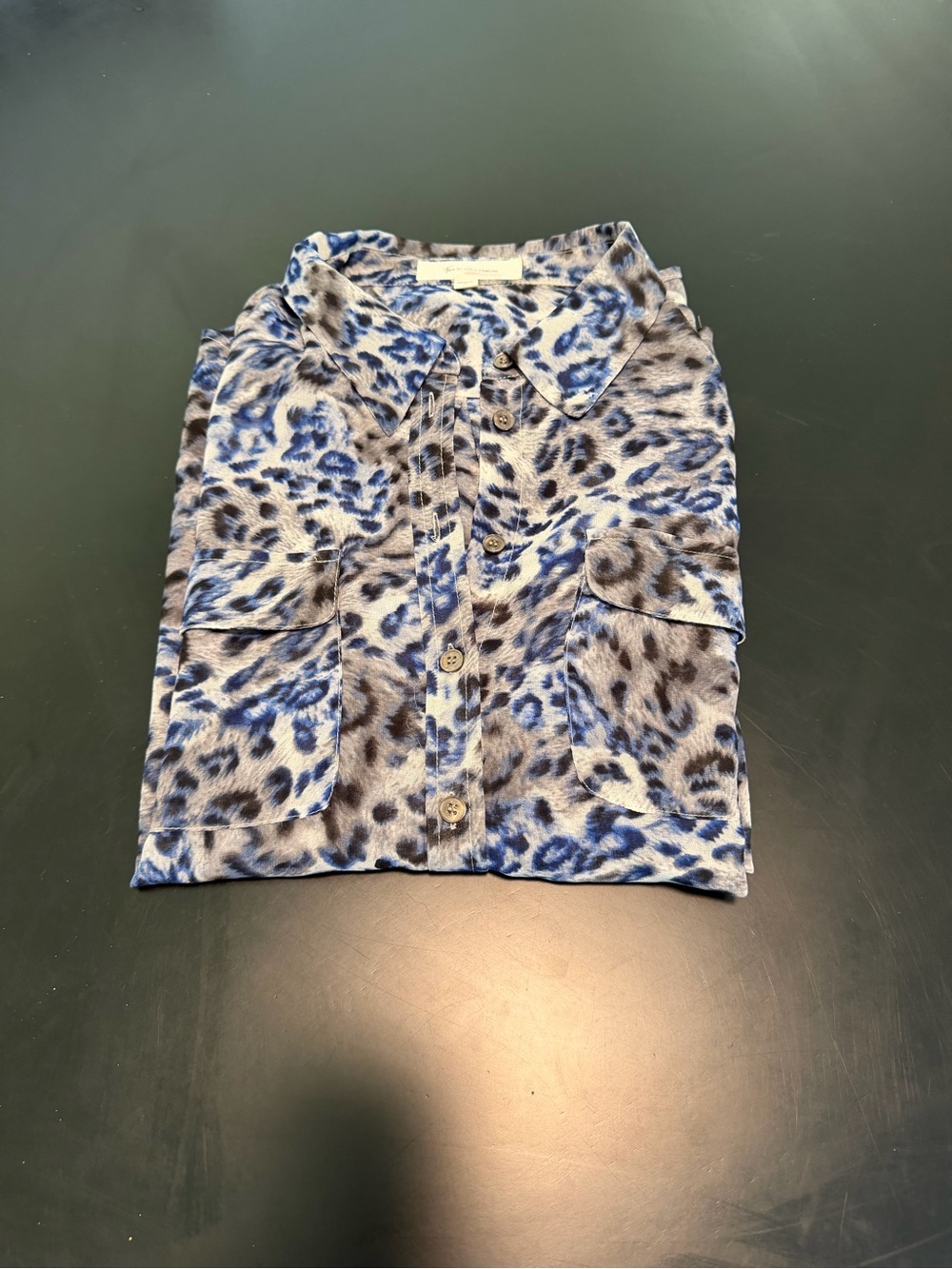 NWT Two by Vince Camuto Sheer Leopard Print Button Down Blouse Blue Gray Medium